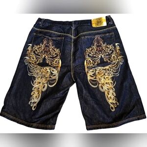 Men's 40x14 Atti‎ Y2K jorts denim blue jean shorts with gold embellishments euc!